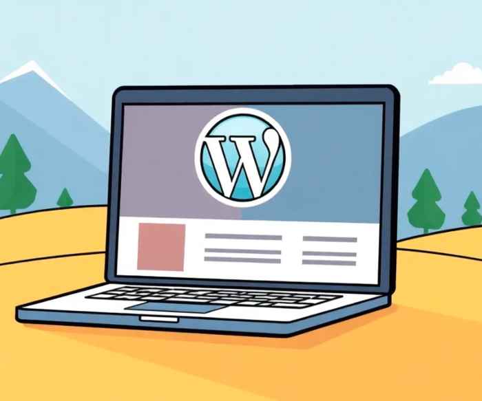 un ordinateur, sur lequel on aperçoit un travail en cours et le logo WordPress