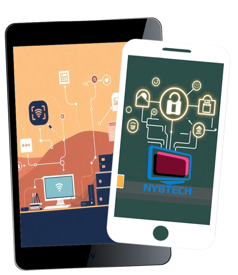 une tablette et un smartphone ou on distingue des applications web, des créations de nybtech dont on aperçois le logo sur le smartphone.